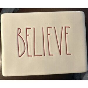 RAE DUNN Believe LL Holiday Ceramic White With Red Letters  Toothbrush Holder